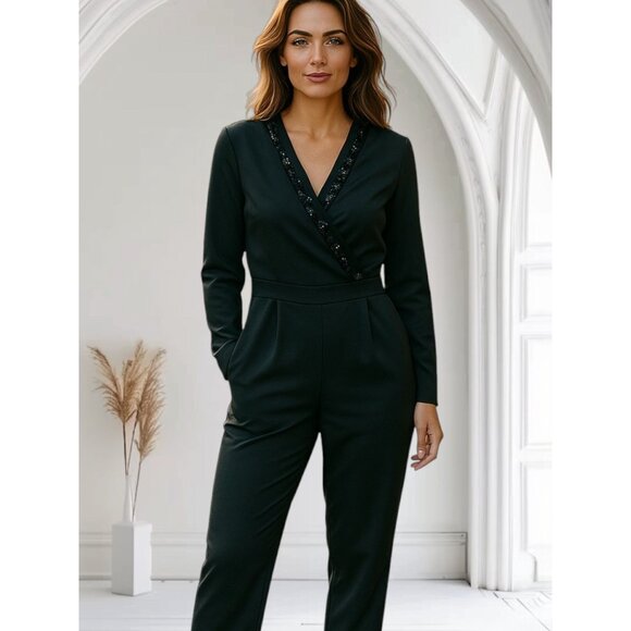 NEW Justfab Womens Size M Black Sequin Trim Dress Jumpsuit Long Sleeve Comfort - Picture 1 of 15